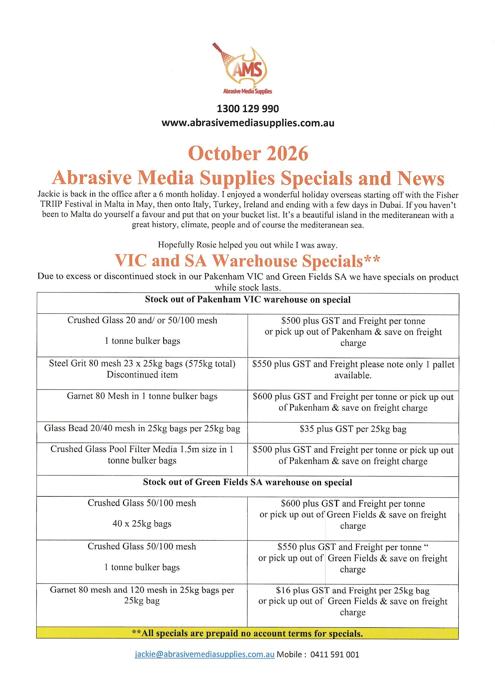 Abrasive Media Supplies Specials October 2026